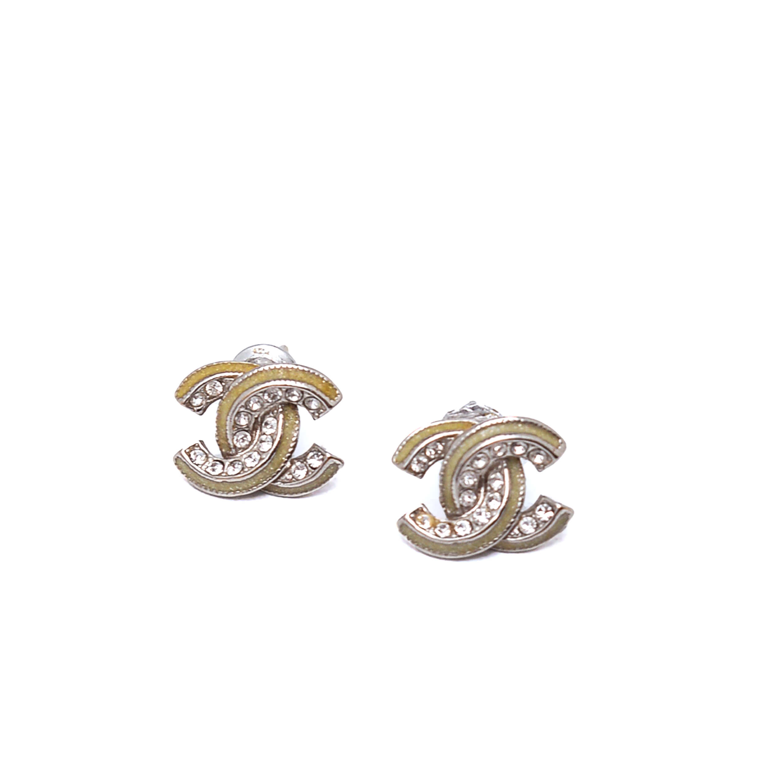 Chanel - Silver Tone Crystal CC Minimal Earrings